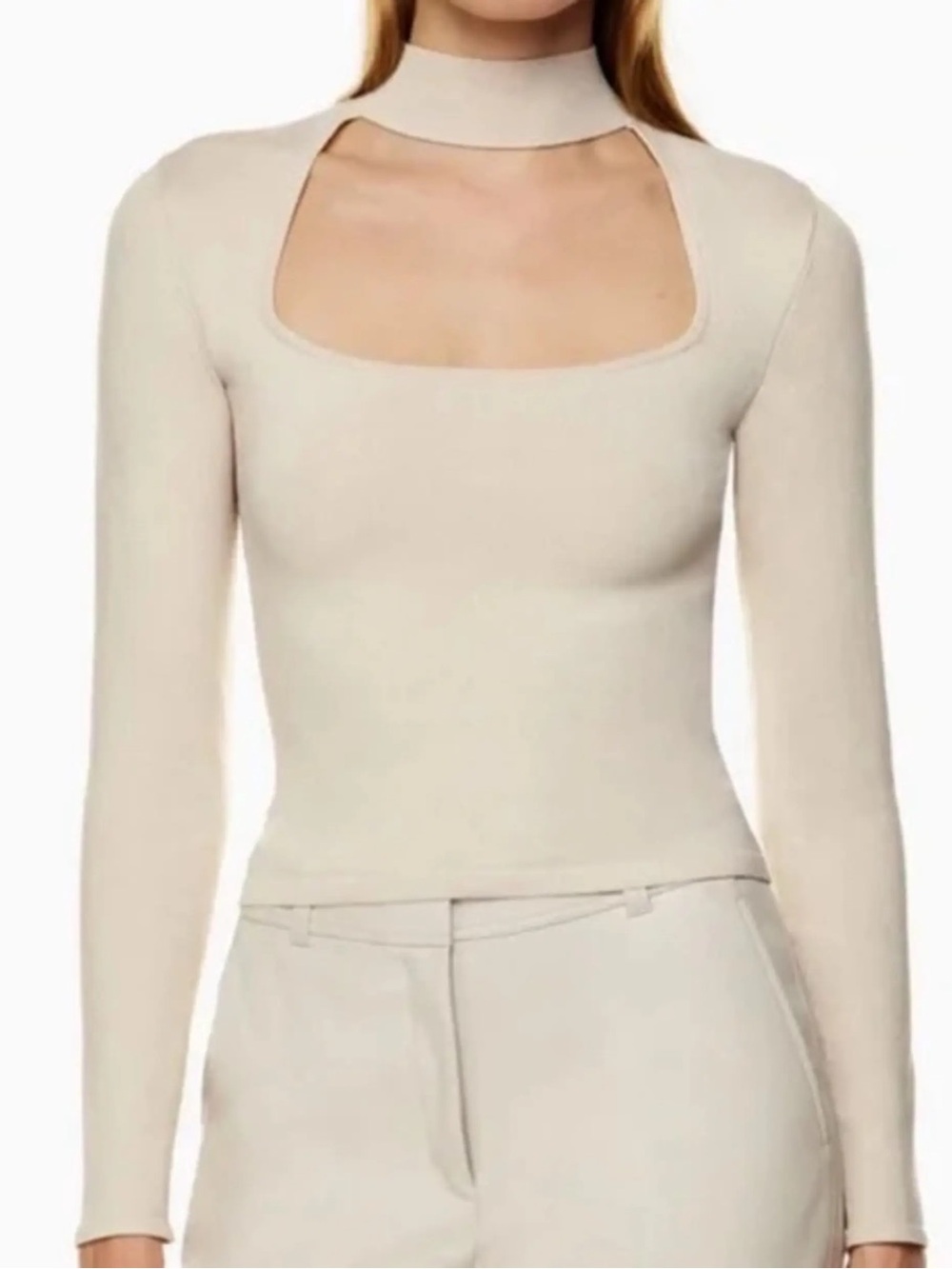 Aritzia Babaton Cream Florine Sculpt Knit Long Sleeve Top Womens Size Medium